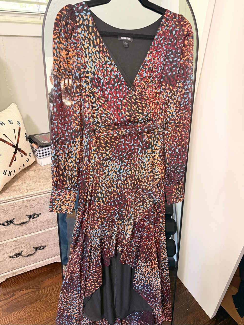 Express Fall Metallic Faux Wrap Ruffle Hi-Lo Maxi Dress XS